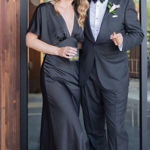 Black Liela V Deep V Flutter Sleeve Dress